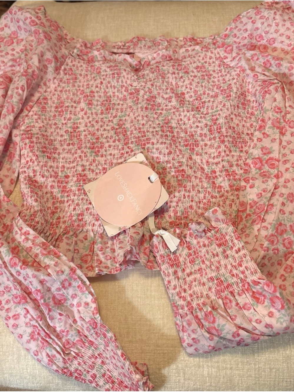 LoveShackFancy Pink and Mint Smocked Floral Top